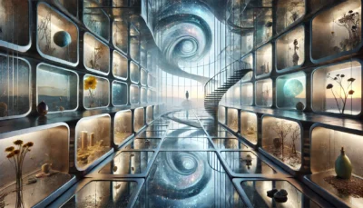 Surreal interior of a three-story house with twisting glass and metal architecture, glowing niches, and a dreamlike atmosphere.