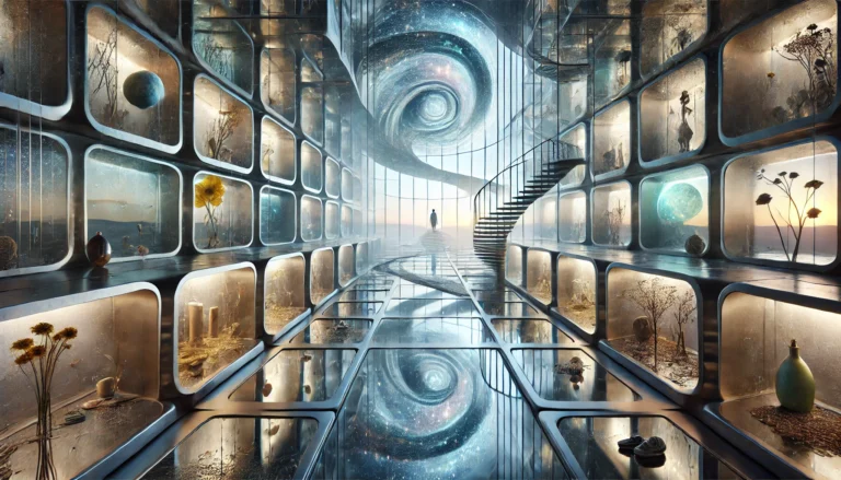 Surreal interior of a three-story house with twisting glass and metal architecture, glowing niches, and a dreamlike atmosphere.