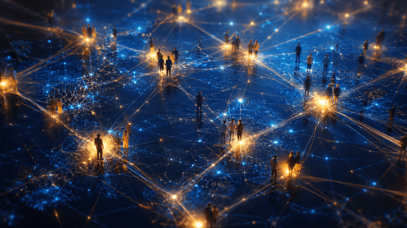 A luminous network of human minds and digital nodes connected by threads of light, symbolizing collective intelligence and the power of superminds