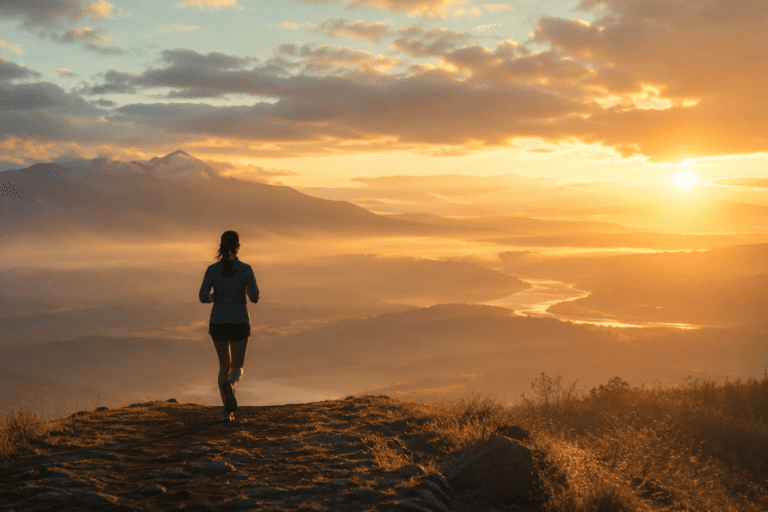 A lone runner on a misty hill at golden hour, overlooking a vast luminous landscape, symbolizing perseverance and transformation through running