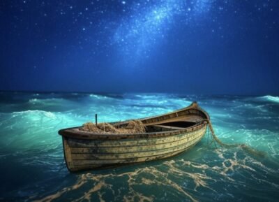 Small boat resting in front of the sea during the night, symbolizing reflection and emotional journey. AI generated