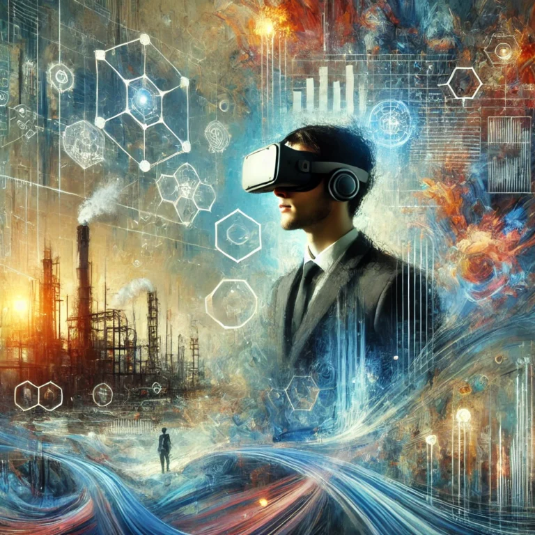 AI-generated image of a man interacting with virtual and extended reality elements, symbolizing innovation, immersive technology, and the future of work.