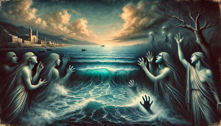 AI-generated abstract image of the Mediterranean Sea with ghostly human figures, symbolizing intimacy, longing, and the promise of new journeys in the poem ‘Mediterranean.