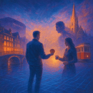Abstract depiction of a man and woman symbolizing human connection in virtual spaces and the integration of technology with relationships.
