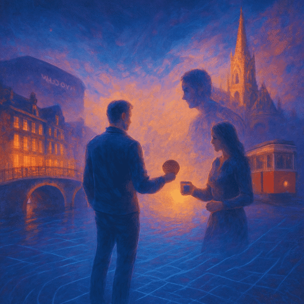 Abstract depiction of a man and woman symbolizing human connection in virtual spaces and the integration of technology with relationships.