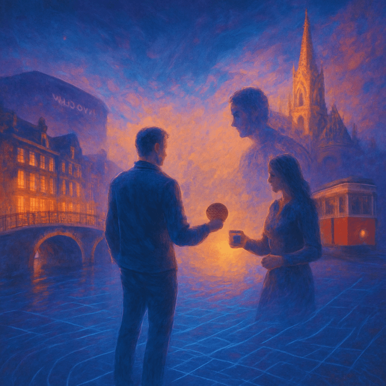 Abstract depiction of a man and woman symbolizing human connection in virtual spaces and the integration of technology with relationships.
