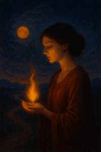 Artistic painting of a woman holding a glowing flame in her hands beneath a twilight sky, symbolizing inner passion and emotional rebirth.