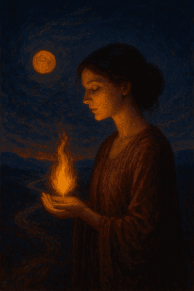 Artistic painting of a woman holding a glowing flame in her hands beneath a twilight sky, symbolizing inner passion and emotional rebirth.
