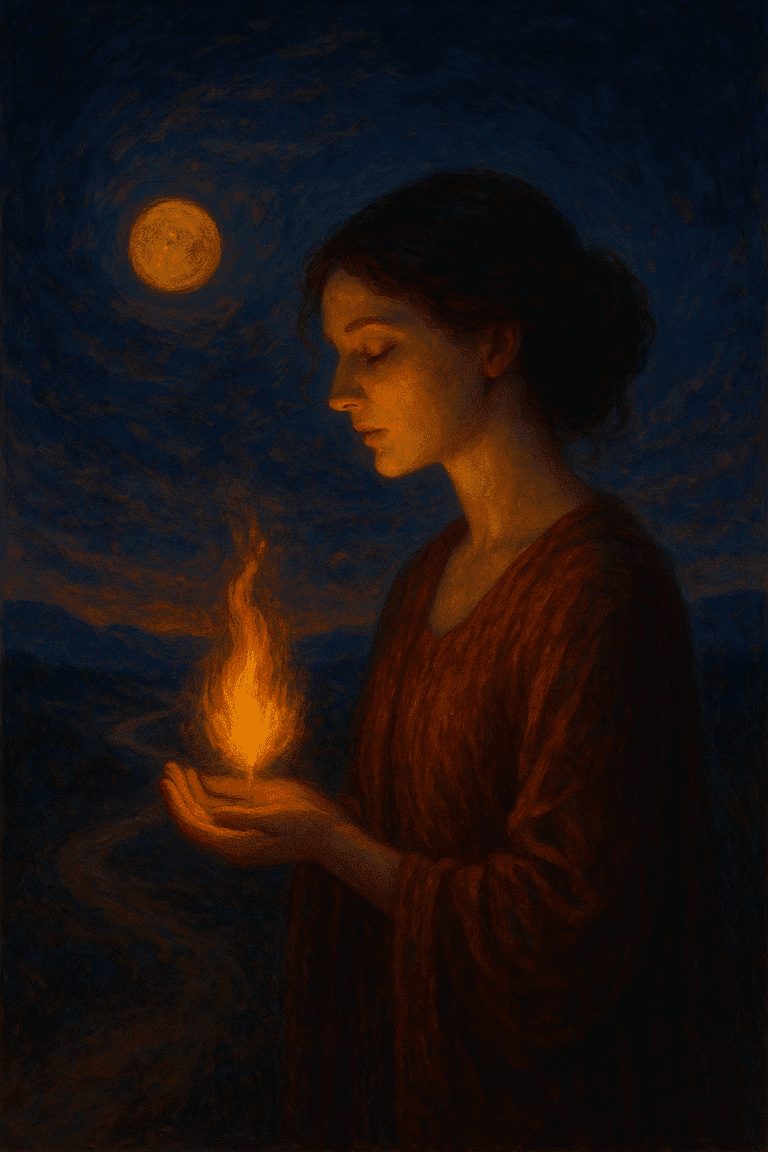 Artistic painting of a woman holding a glowing flame in her hands beneath a twilight sky, symbolizing inner passion and emotional rebirth.