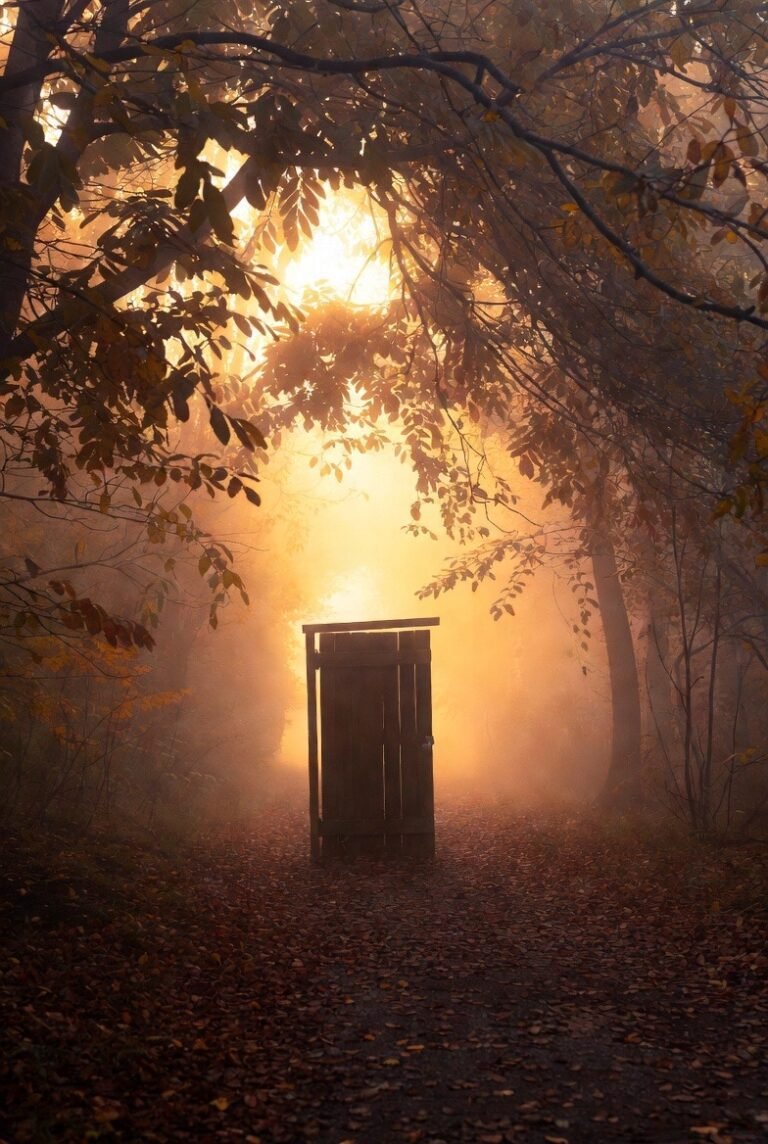 A wooden door slightly ajar on a misty autumn path, bathed in warm golden light filtering through the trees, symbolizing the courage to begin again