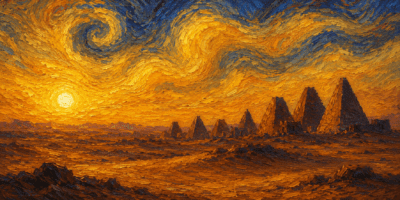 Meroë pyramids of Sudan at sunset painted in Van Gogh style, swirling golden sky, warm amber desert landscape — blog post illustration for The Land on the Horizon.