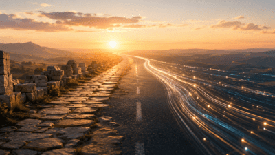 Strada che attraversa i secoli: dal selciato romano all'asfalto moderno fino alle fibre ottiche digitali, tutte convergono verso un orizzonte illuminato dal tramonto — metafora visiva delle strade invisibili della traduzione. A road through time: ancient stone paving transitions into modern asphalt and glowing digital fiber optic trails, all converging toward a golden sunset horizon — a visual metaphor for the invisible roads of translation.