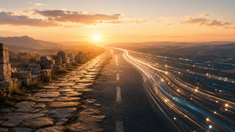 Strada che attraversa i secoli: dal selciato romano all'asfalto moderno fino alle fibre ottiche digitali, tutte convergono verso un orizzonte illuminato dal tramonto — metafora visiva delle strade invisibili della traduzione. A road through time: ancient stone paving transitions into modern asphalt and glowing digital fiber optic trails, all converging toward a golden sunset horizon — a visual metaphor for the invisible roads of translation.
