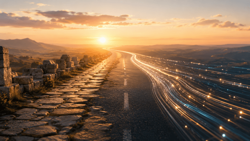 Strada che attraversa i secoli: dal selciato romano all'asfalto moderno fino alle fibre ottiche digitali, tutte convergono verso un orizzonte illuminato dal tramonto — metafora visiva delle strade invisibili della traduzione. A road through time: ancient stone paving transitions into modern asphalt and glowing digital fiber optic trails, all converging toward a golden sunset horizon — a visual metaphor for the invisible roads of translation.