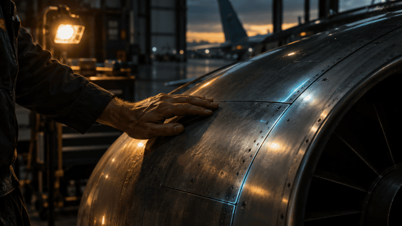 Maintenance technician's hand resting on an aircraft engine panel in a dim hangar — the human care behind predictive maintenance